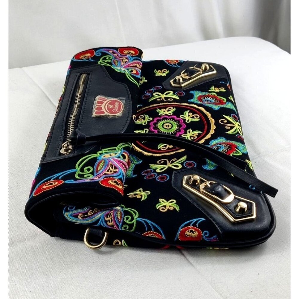 Fricaine Black Treasure Clutch Crossbody Luxury Boho Exotic Embroidered Flowers